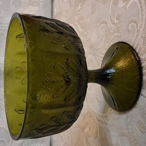 Vtg FTD Avocado Green Glass Pedestal Compote Dish Or Planter "Oak Leaf" Pattern